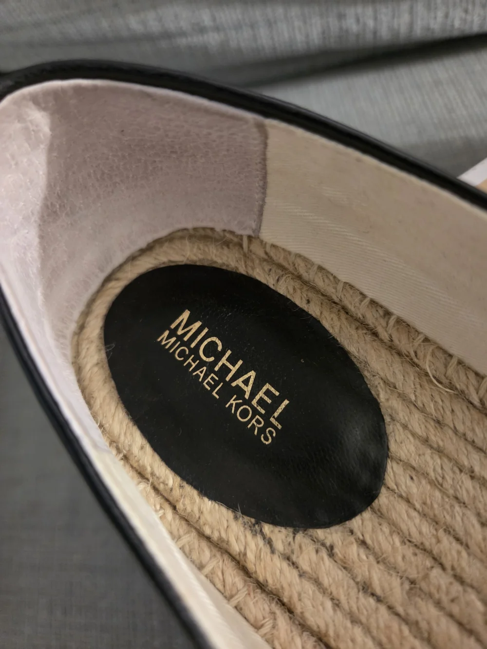 Michael Kors Black Espadrille Slip-On with Tan Jute Sole and Gold MK Charm